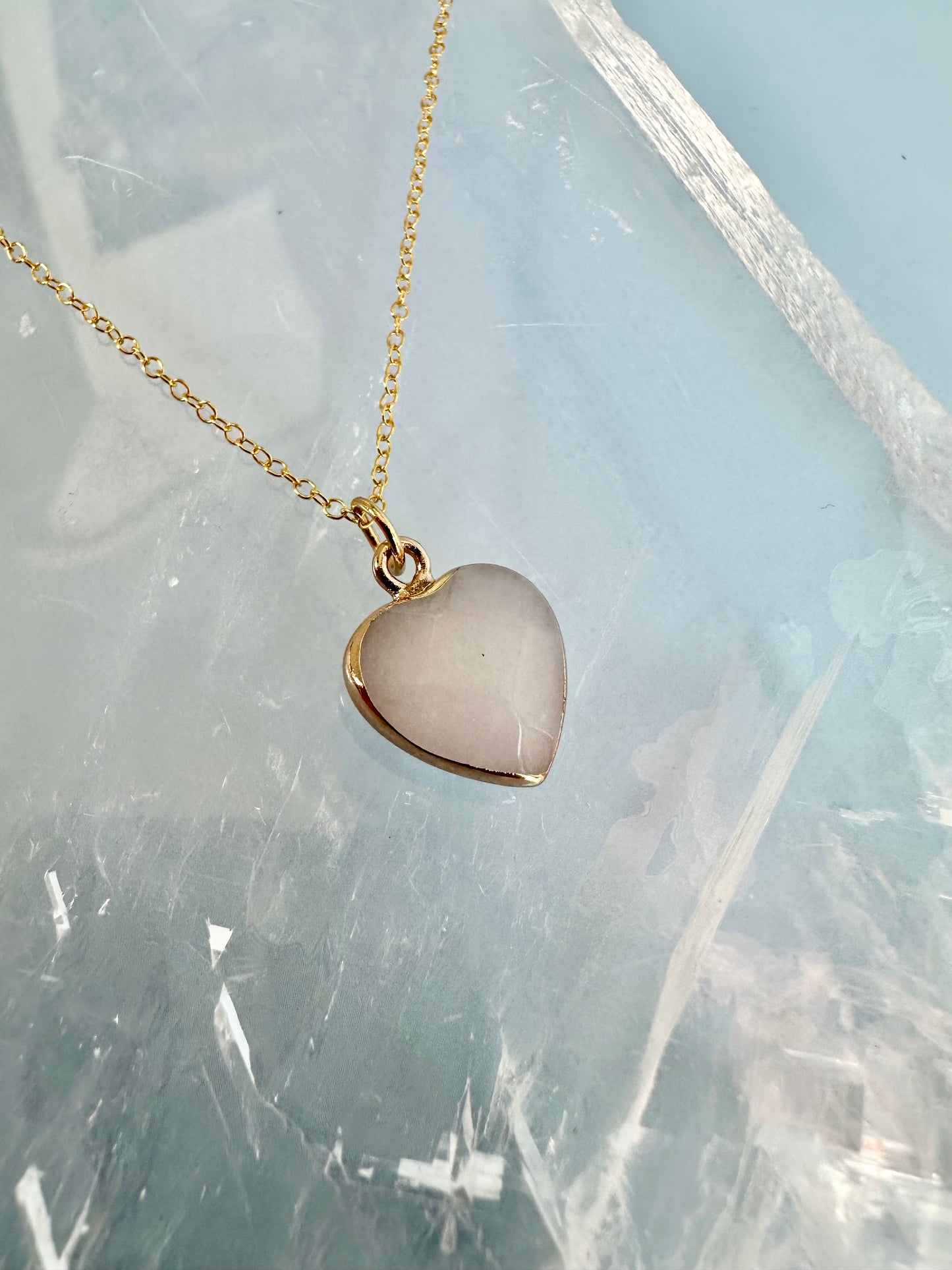 Brass Base with 18K Gold Tone Electroplated Finish White Jade Heart Necklace