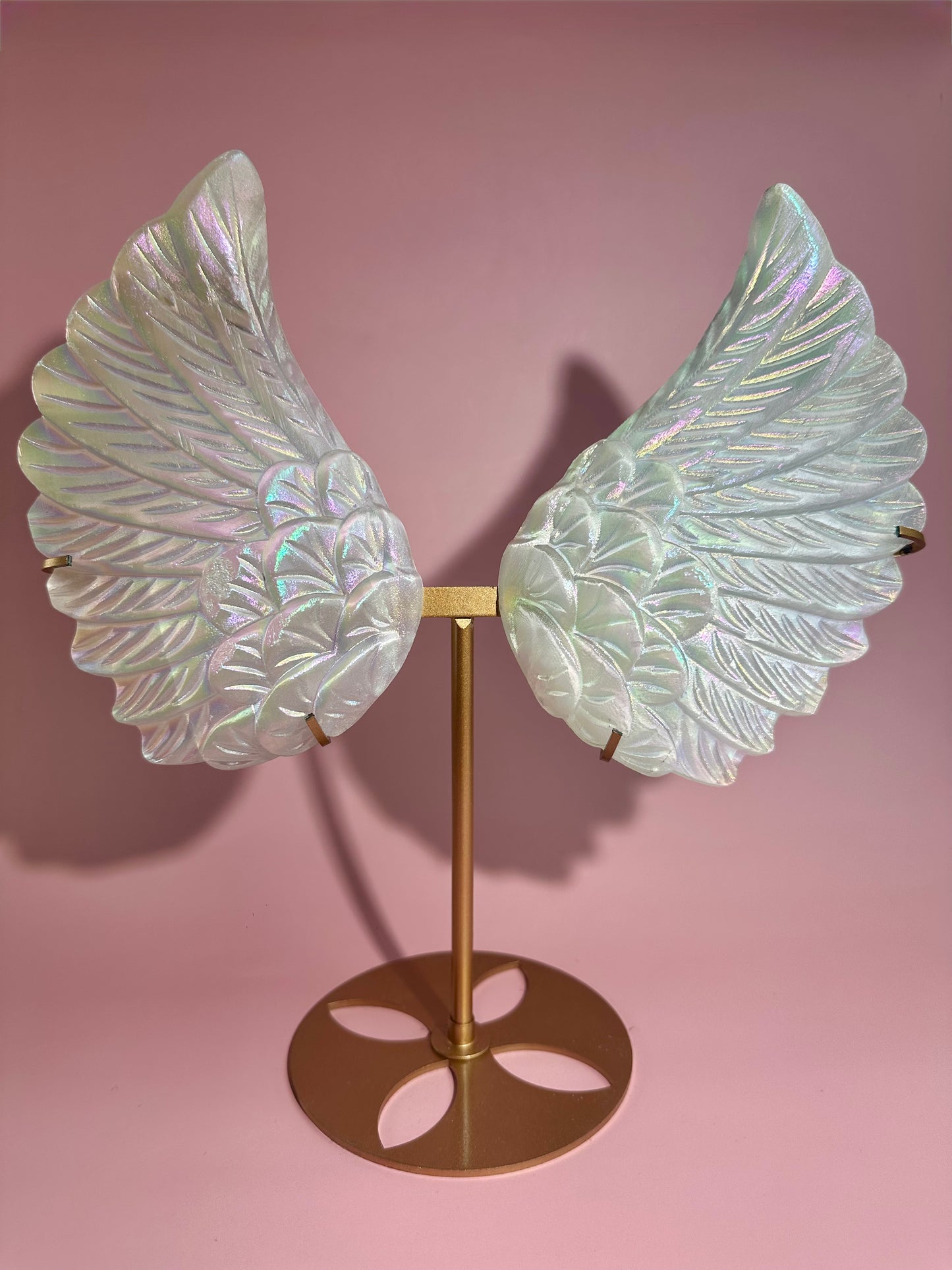 Perfectly Imperfect Large Aura Satin Spar (Selenite) Angel Wing Pair on Gold Stand Misfit | Repaired Misfit Collector Piece
