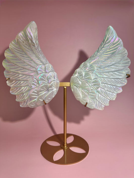 Perfectly Imperfect Large Aura Satin Spar (Selenite) Angel Wing Pair on Gold Stand Misfit | Repaired Misfit Collector Piece