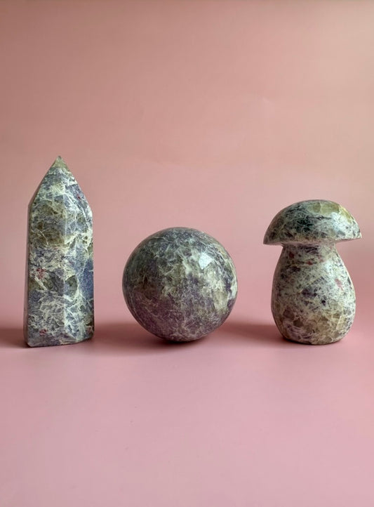 Lepidolite Bundle - Mushroom, Sphere, Tower