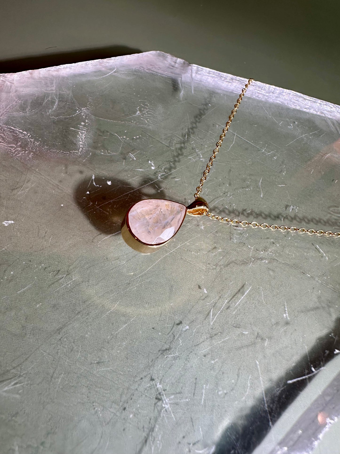 925 Sterling Silver 18K Yellow Gold Vermeil Faceted Rainbow Moonstone Pear Bezel Necklace