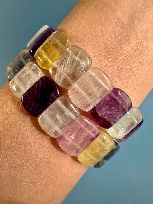 Flat Rectangle Rainbow Fluorite Bracelet