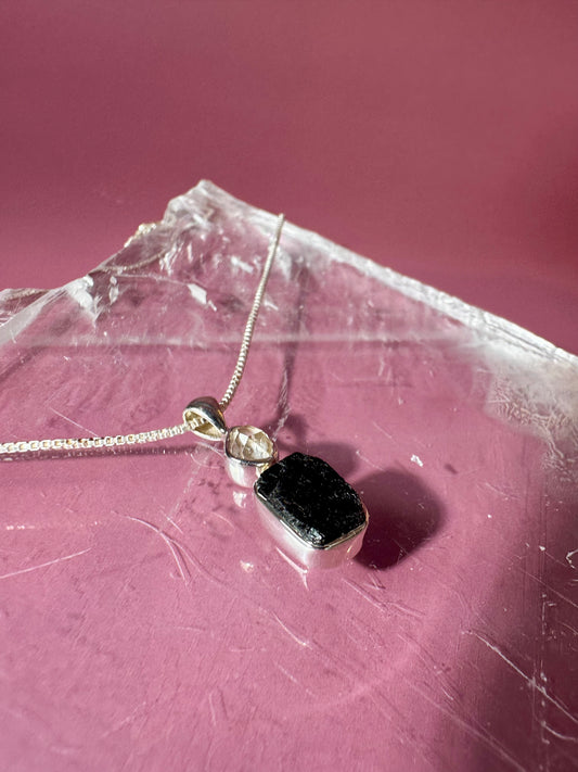 925 Sterling Silver Rough Black Tourmaline & Herkimer Diamond Two-Stone Bezel Necklace