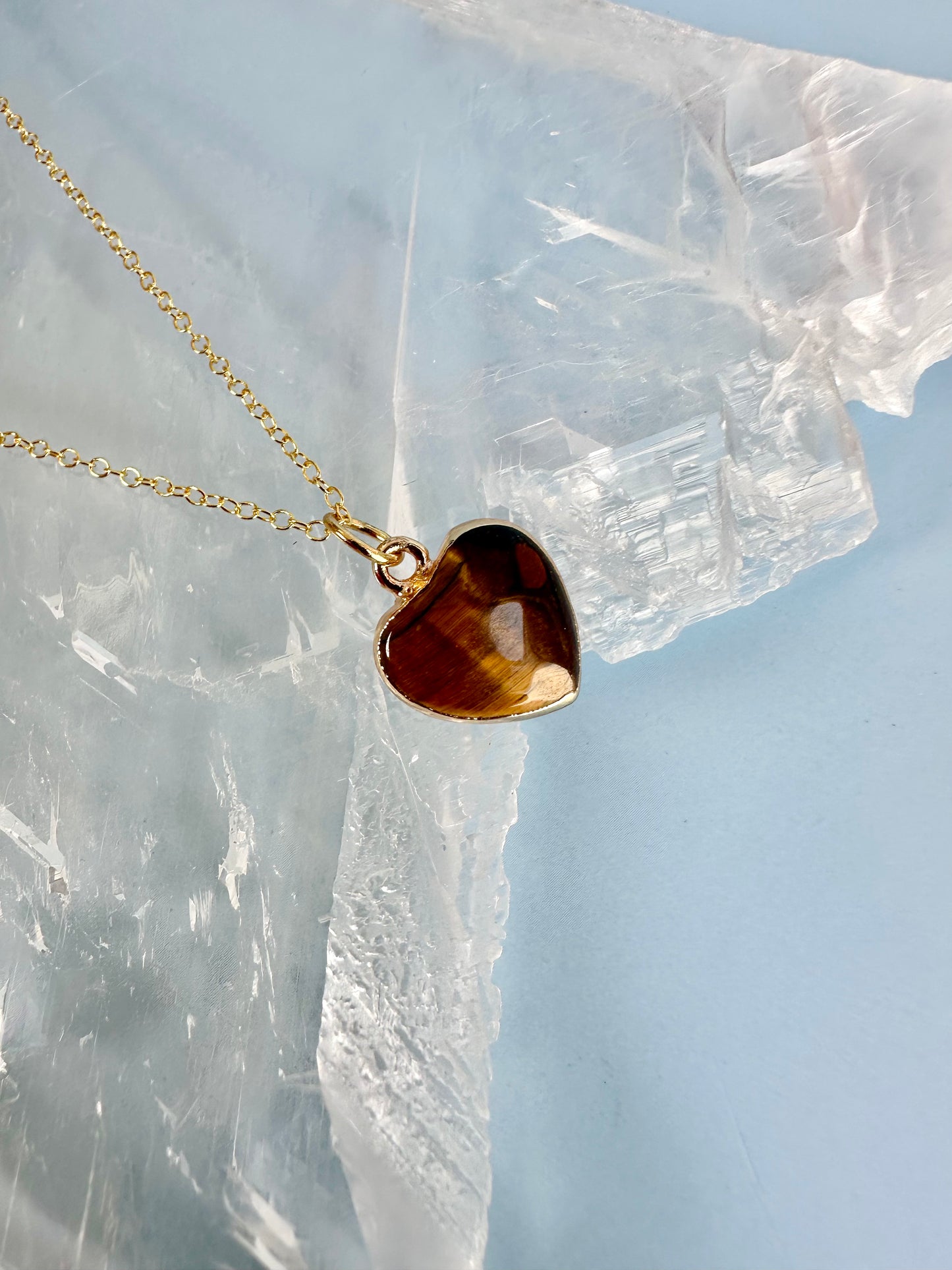 Brass Base with 18K Gold Tone Electroplated Finish Tiger’s Eye Heart Necklace