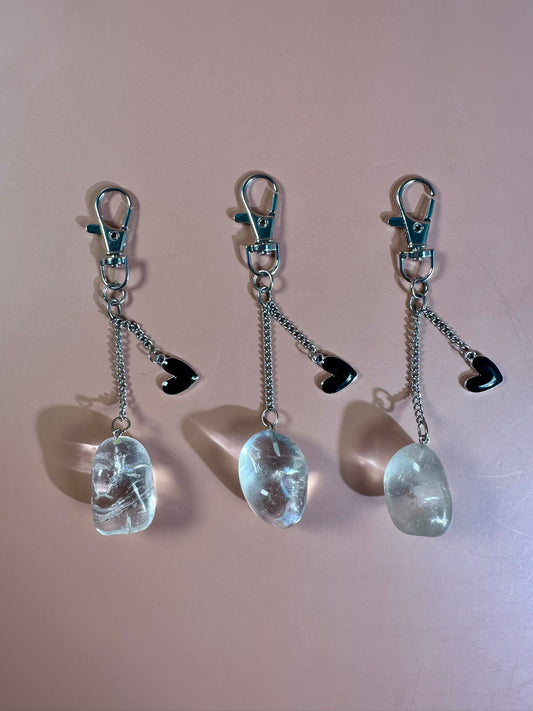 Clear Quartz Tumble Keychain with Enamel Heart Charm