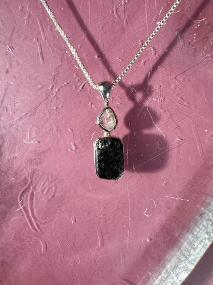 925 Sterling Silver Rough Black Tourmaline & Herkimer Diamond Two-Stone Bezel Necklace