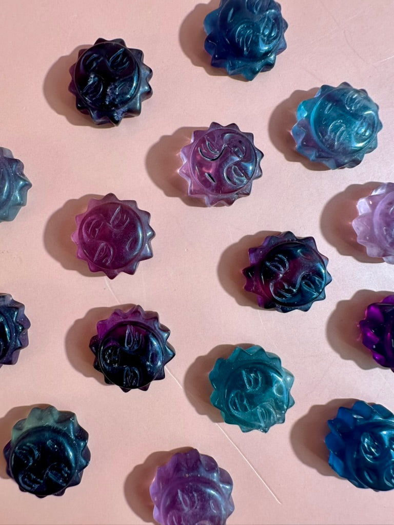 Mini Rainbow Fluorite Smiley Sun | Crystal Carving