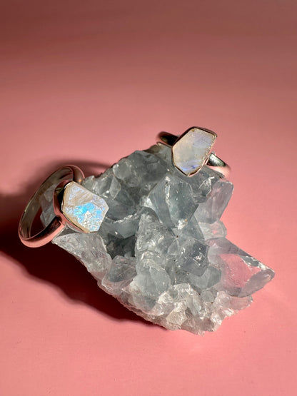 925 Sterling Silver Rough Rainbow Moonstone Bezel Ring