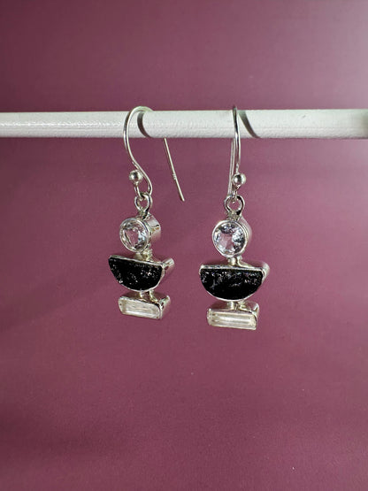 925 Sterling Silver White Topaz and Black Tourmaline Dangle Earrings