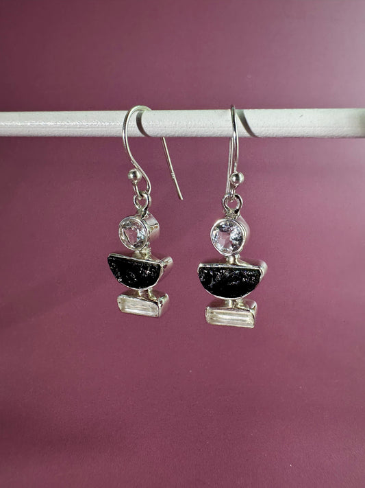 925 Sterling Silver White Topaz and Black Tourmaline Dangle Earrings