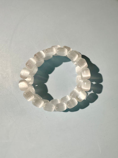 Barrel Satin Spar (Selenite) Beaded Bracelet | Cleansing & Peace Energy