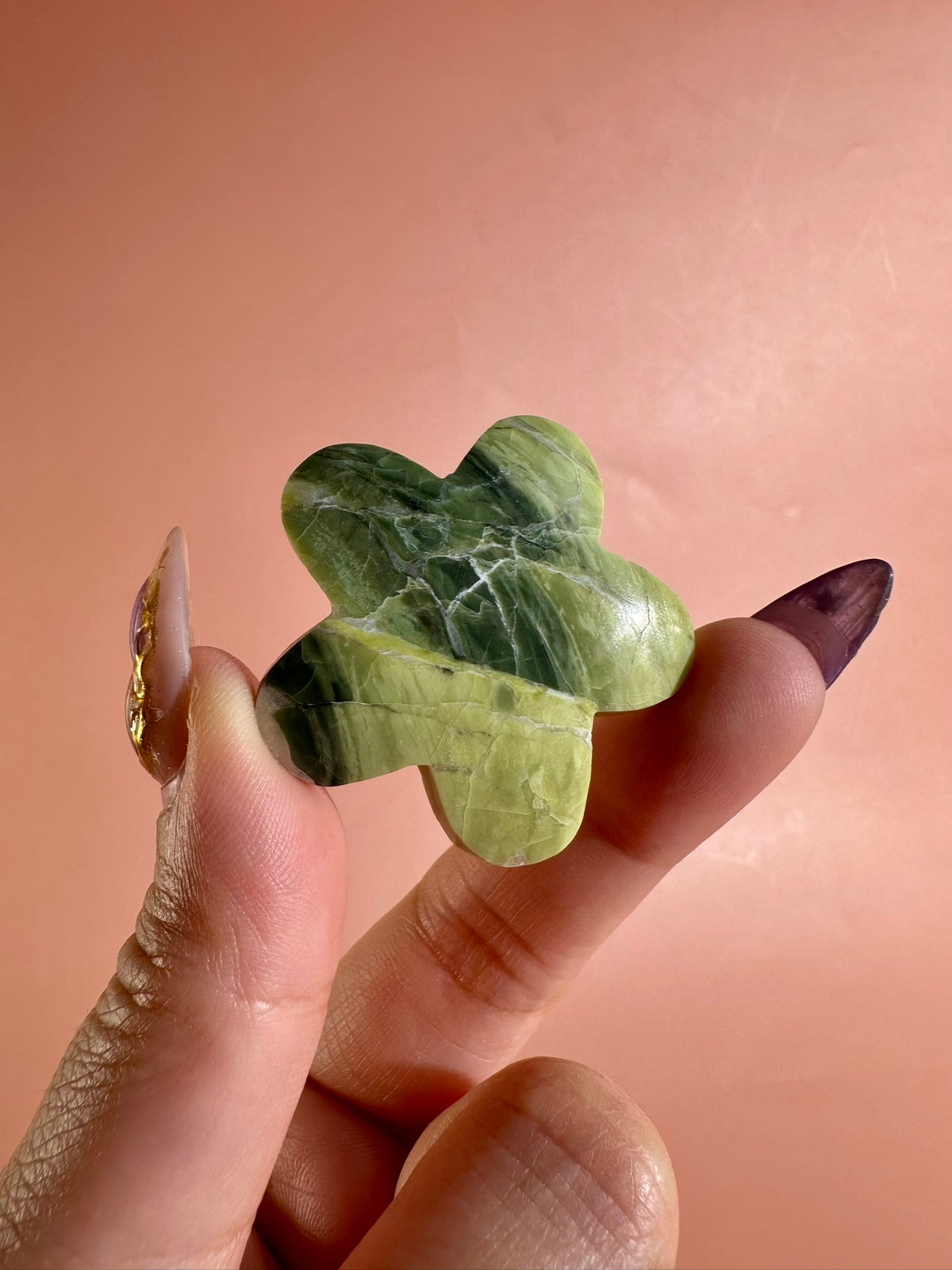 Serpentine Flower Worry Stone | Green Pocket Crystal