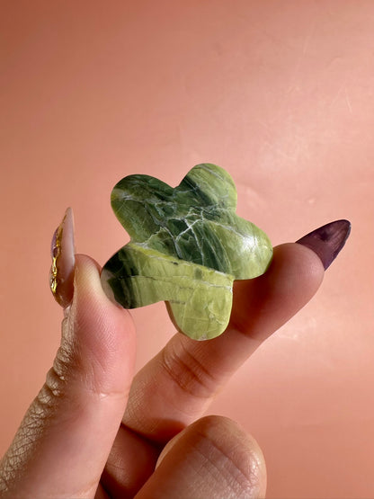 Serpentine Flower Worry Stone | Green Pocket Crystal