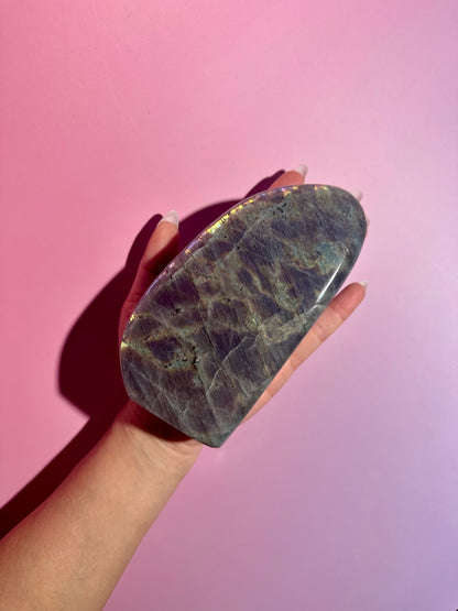 Large Oil Slick Yellow and Purple Flash Labradorite Standing  Freeform – Option Q