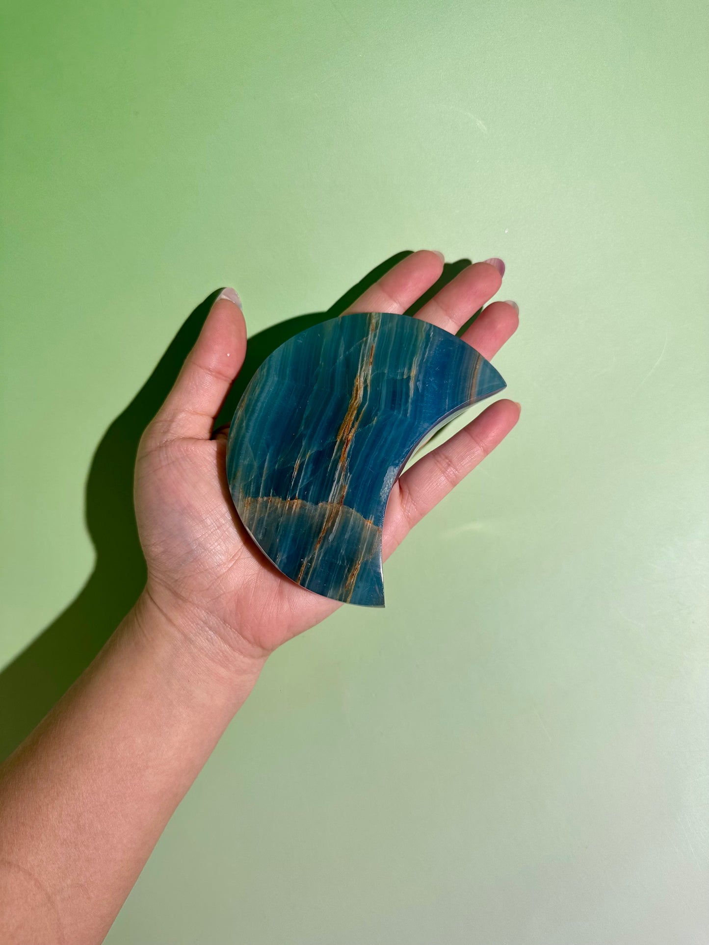 Blue Onyx Crescent Moon on Black Stand – Option A | Calm, Strength & Intuition Energy