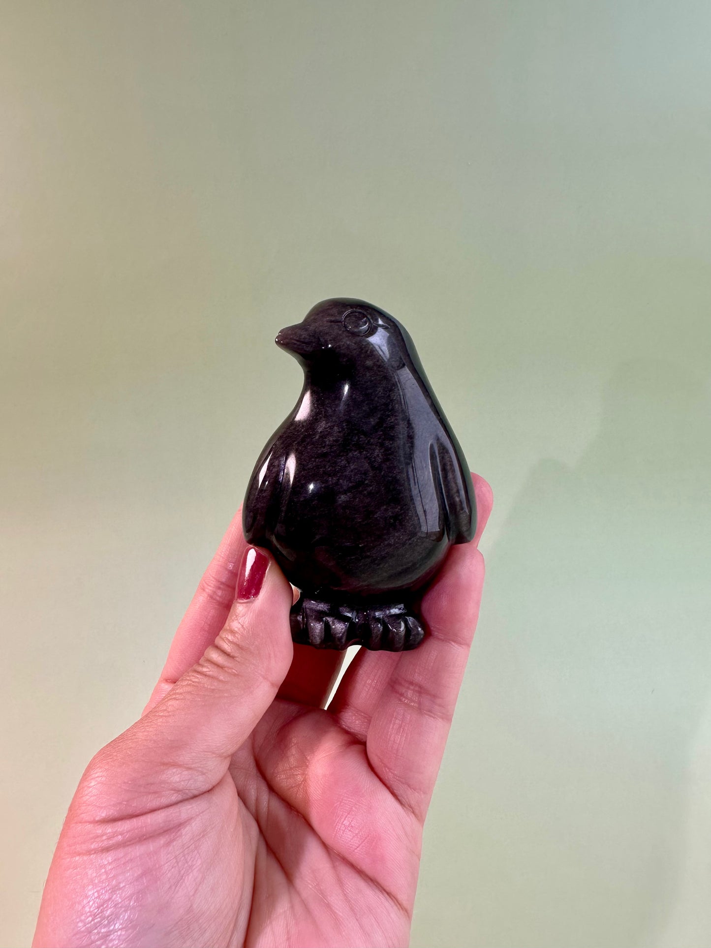 Silver Sheen Obsidian Penguin Carving