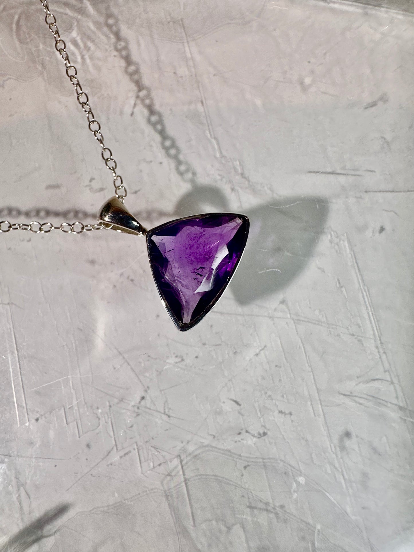 925 Sterling Silver Faceted Trillion (Triangle) Amethyst Bezel Necklace