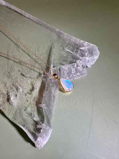 925 Sterling Silver 18K Yellow Gold Vermeil Faceted Rainbow Moonstone Pear Bezel Necklace