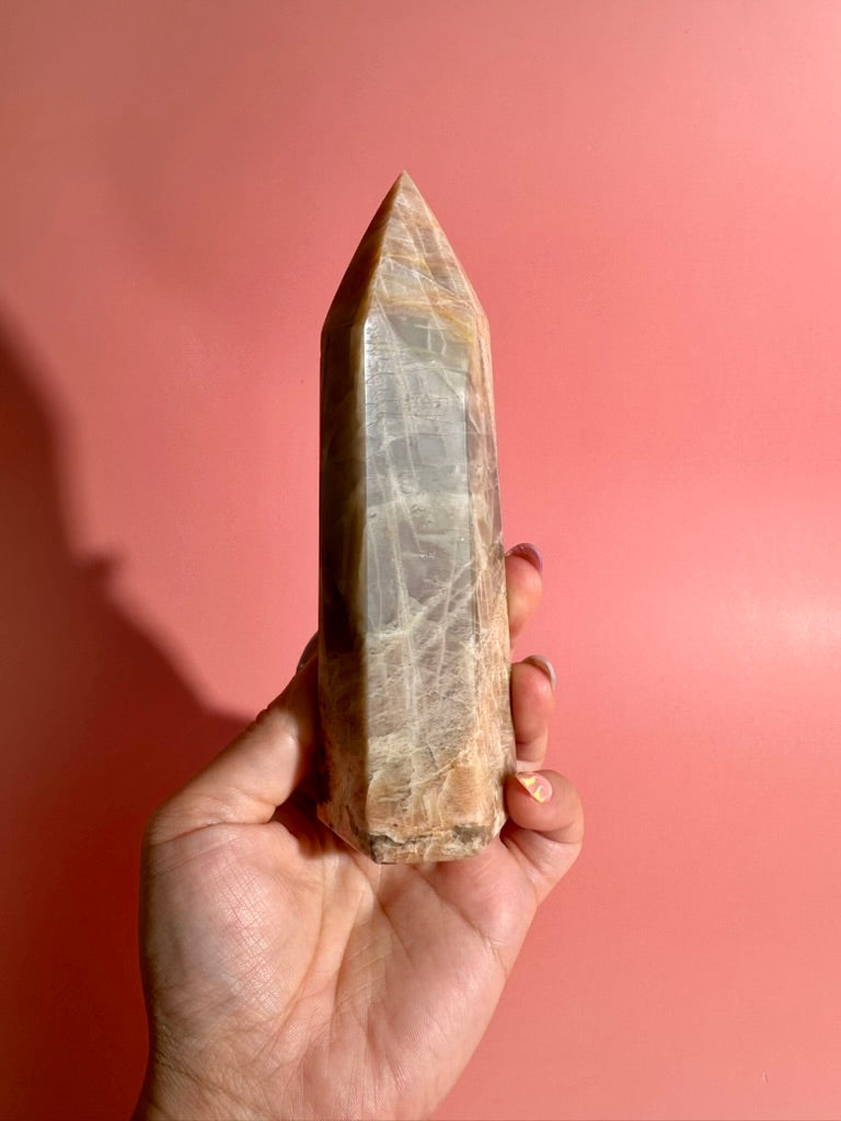Peach Moonstone Tower – Option D | Intuition, Emotional Balance & Lunar Energy Crystal