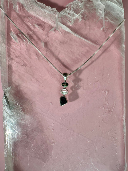 925 Sterling Silver Rough Black Tourmaline, Herkimer Diamond & Faceted Peridot Three-Stone Bezel Necklace