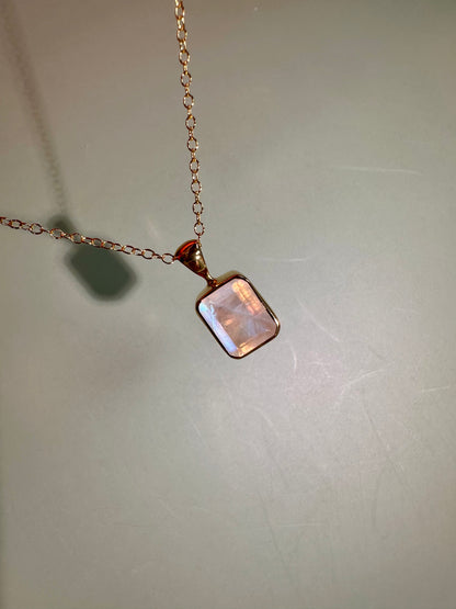 925 Sterling Silver 18K Yellow Gold Vermeil Faceted Rainbow Moonstone Cushion (Pillow) Bezel Necklace