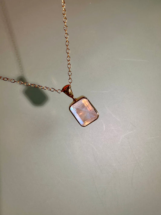 925 Sterling Silver 18K Yellow Gold Vermeil Faceted Rainbow Moonstone Cushion (Pillow) Bezel Necklace