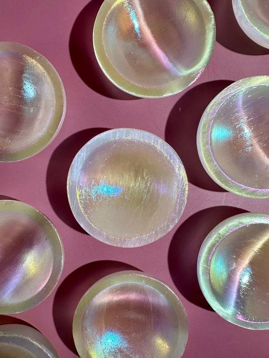 Small Round Aura Satin Spar (Selenite) Bowl | Intuitively Chosen Peace & Cleansing Energy