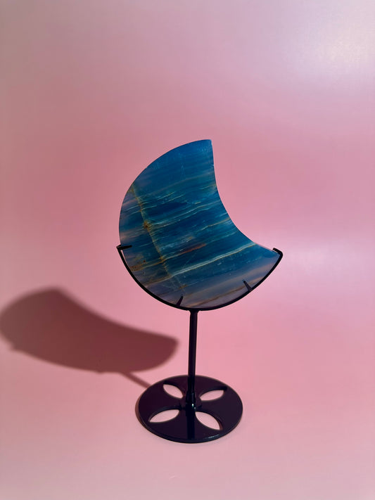 Blue Onyx Crescent Moon on Black Stand – Option C | Wisdom, Balance & Celestial Energy