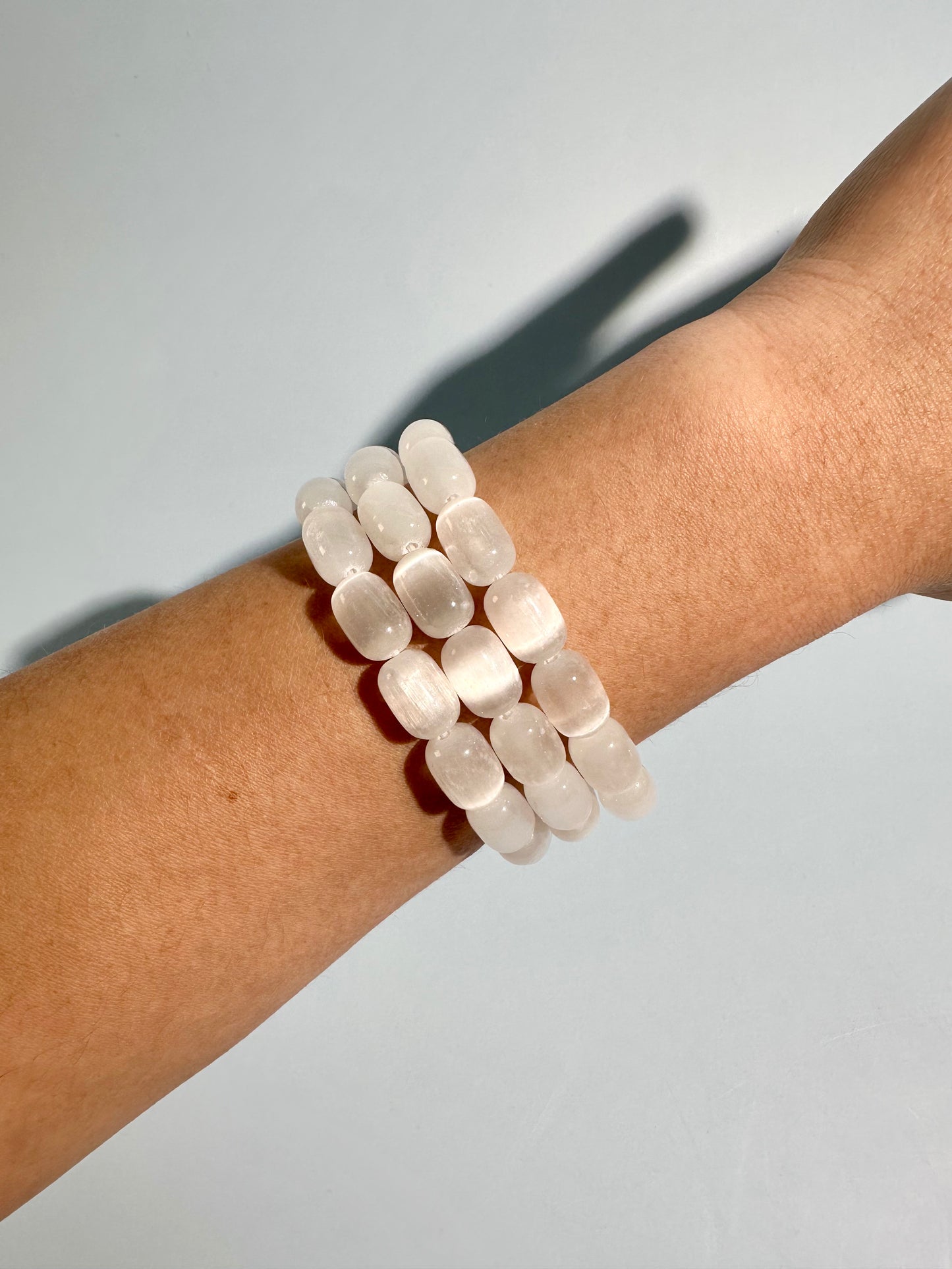 Barrel Satin Spar (Selenite) Beaded Bracelet | Cleansing & Peace Energy