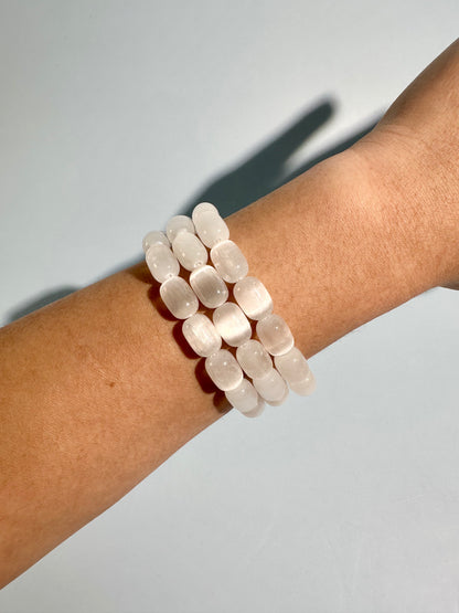Barrel Satin Spar (Selenite) Beaded Bracelet | Cleansing & Peace Energy
