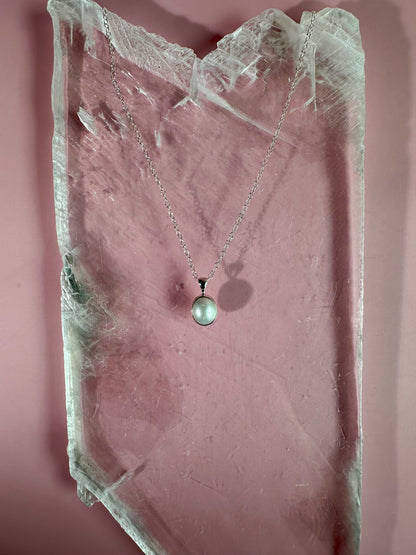 925 Sterling Silver Pearl Oval Bezel Pendant Necklace