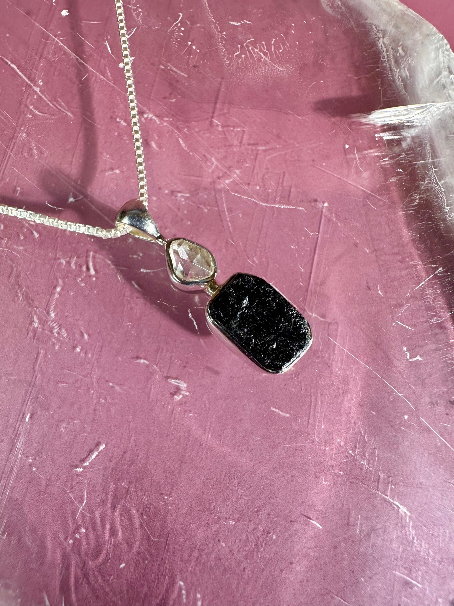 925 Sterling Silver Rough Black Tourmaline & Herkimer Diamond Two-Stone Bezel Necklace