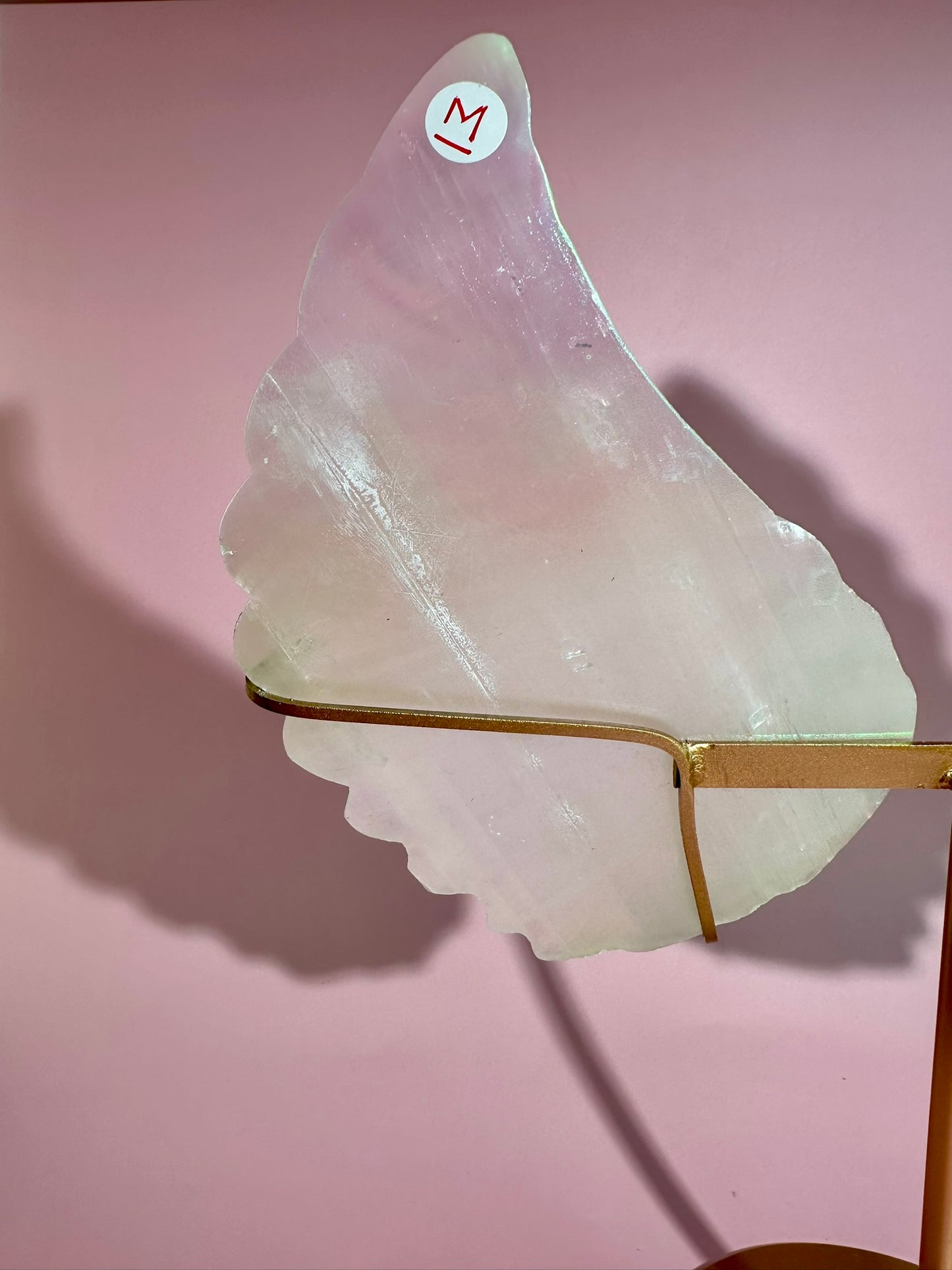 Perfectly Imperfect Large Aura Satin Spar (Selenite) Angel Wing Pair on Gold Stand Misfit | Repaired Misfit Collector Piece