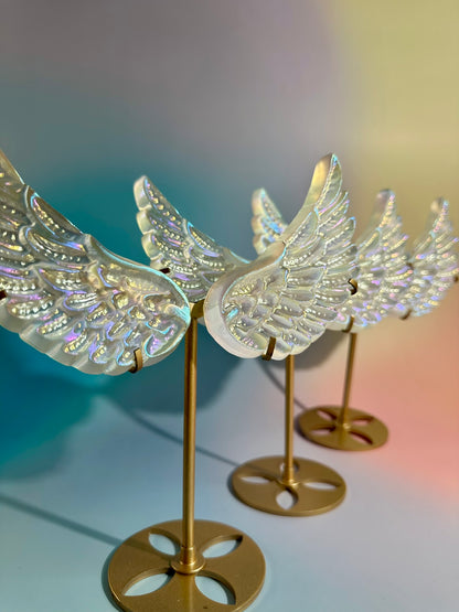 Medium Aura Satin Spar (Selenite) Angel Wing Pair on Gold Stand | Peace & Angelic Energy