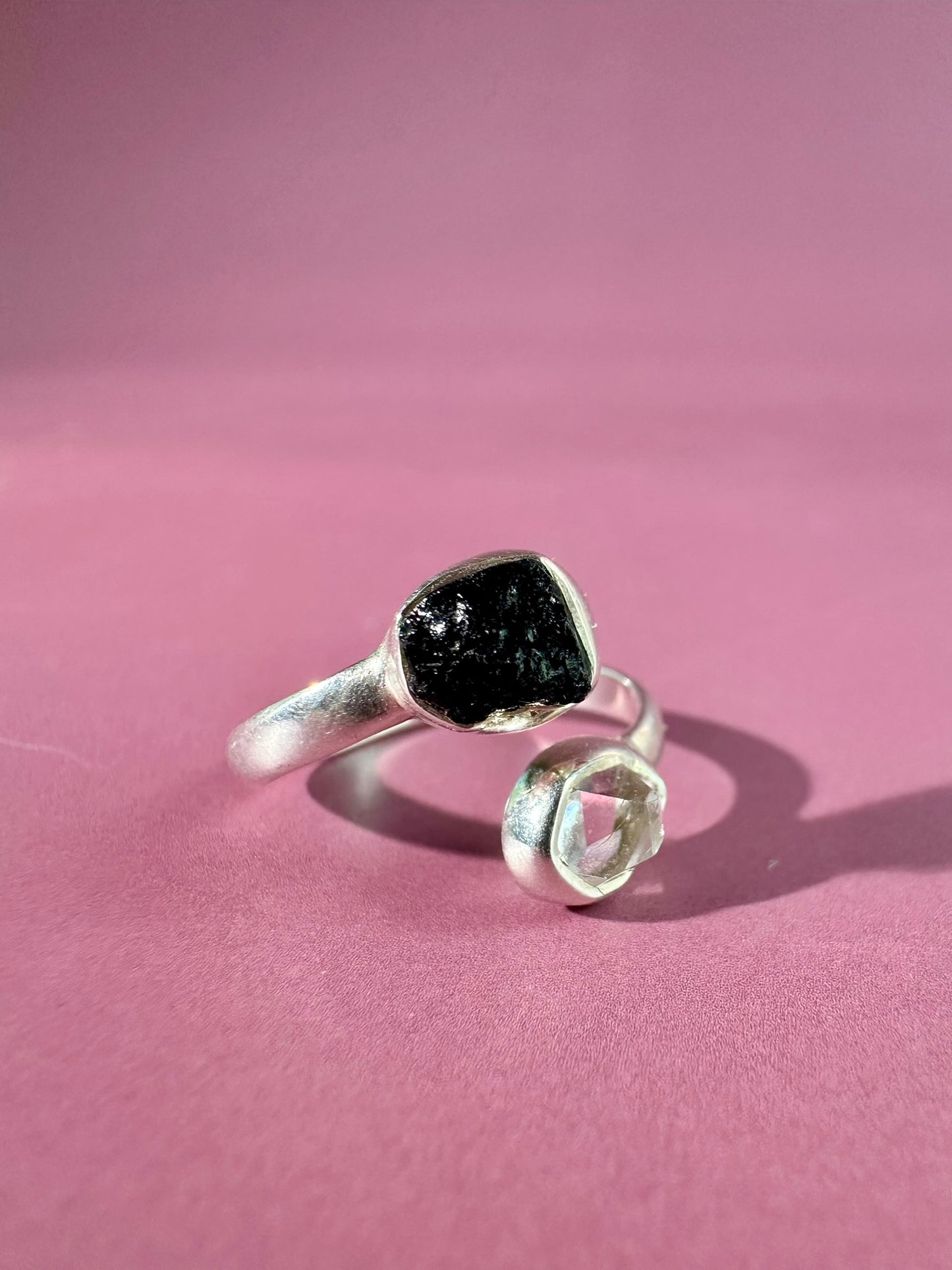 925 Sterling Silver Alma Toi et Moi Two-Stone Adjustable Rough Black Tourmaline & Herkimer Diamond Bezel Ring
