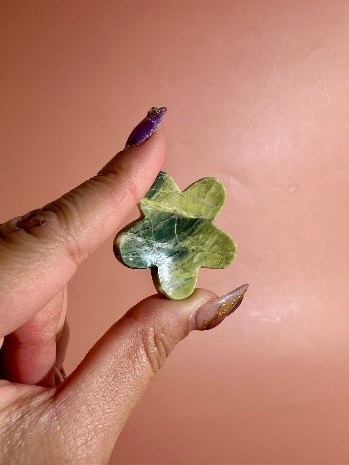 Serpentine Flower Worry Stone | Green Pocket Crystal