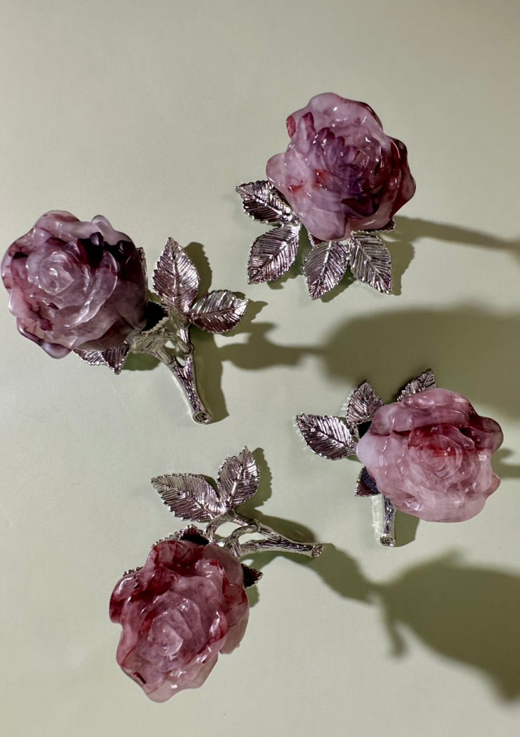 Intuitively Chosen Fire Quartz Rose on Silver Branch Stand | Hematoid Quartz Crystal Décor