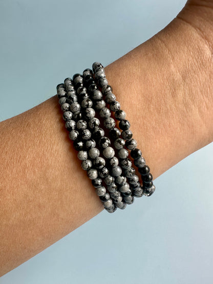 4mm Snowflake Obsidian Beaded Bracelet