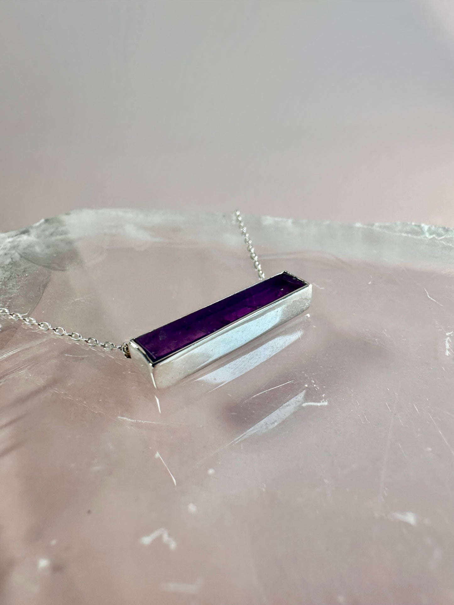 925 Sterling Silver Amethyst Bar Bezel Necklace