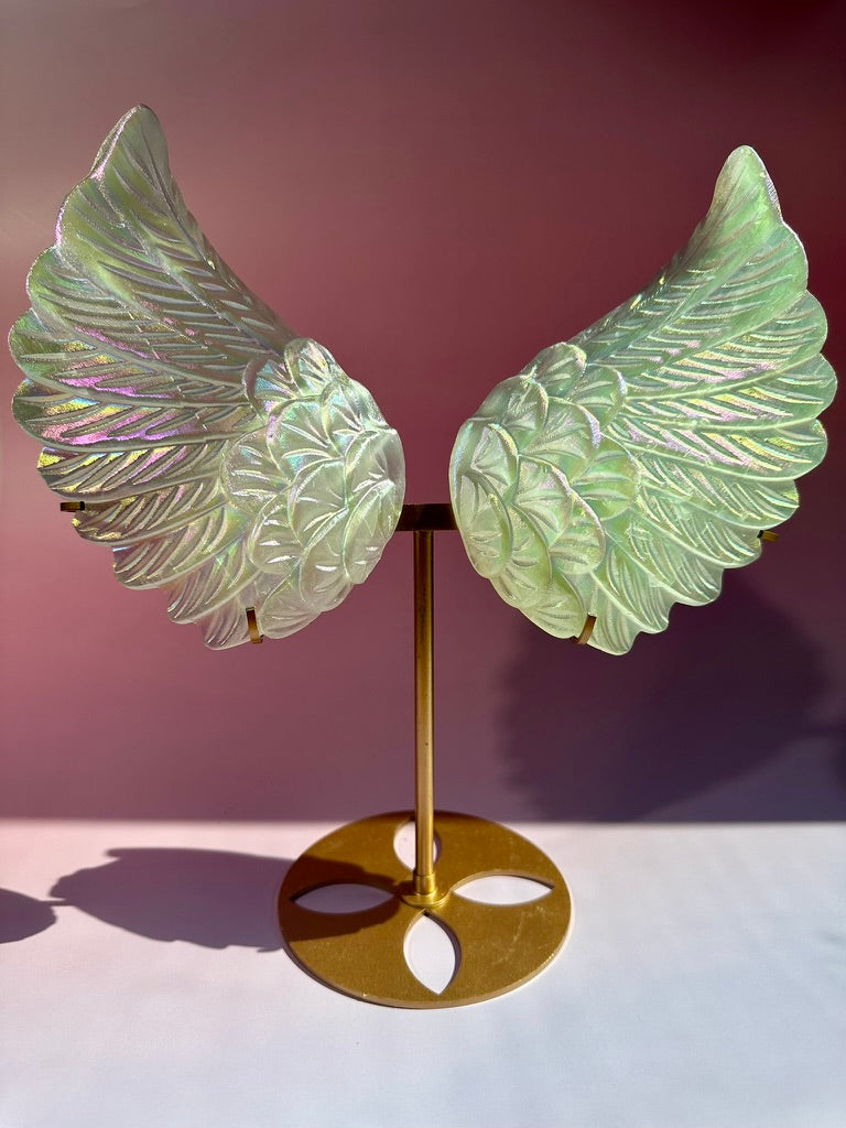 Large Aura Satin Spar (Selenite) Angel Wing Pair on Gold Stand | Statement Angelic & Cleansing Energy
