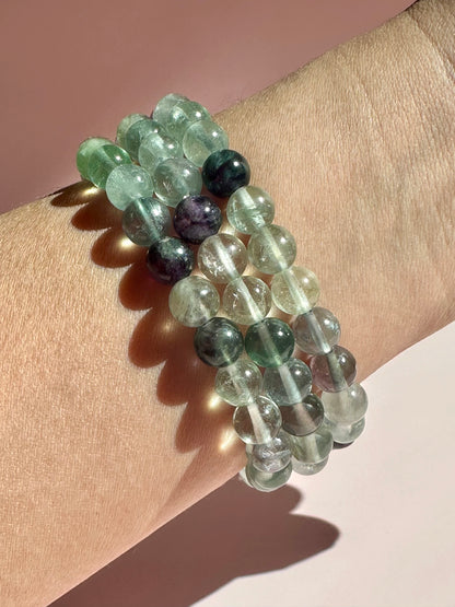 8mm Green & Purple Fluorite Beaded Bracelet