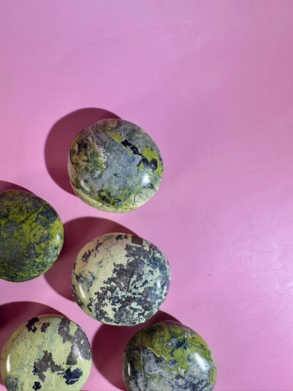 Peruvian Serpentine with Pyrite Round Palm Stone