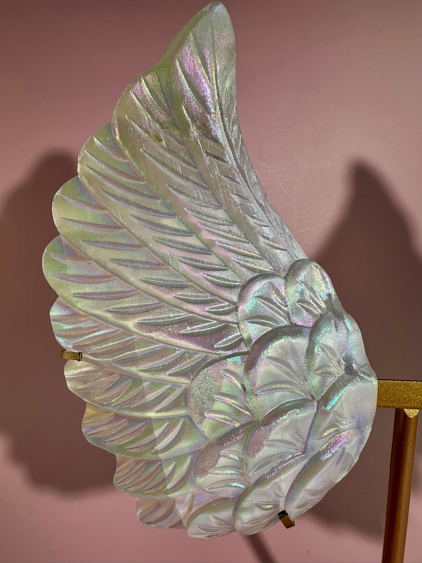 Perfectly Imperfect Large Aura Satin Spar (Selenite) Angel Wing Pair on Gold Stand Misfit | Repaired Misfit Collector Piece