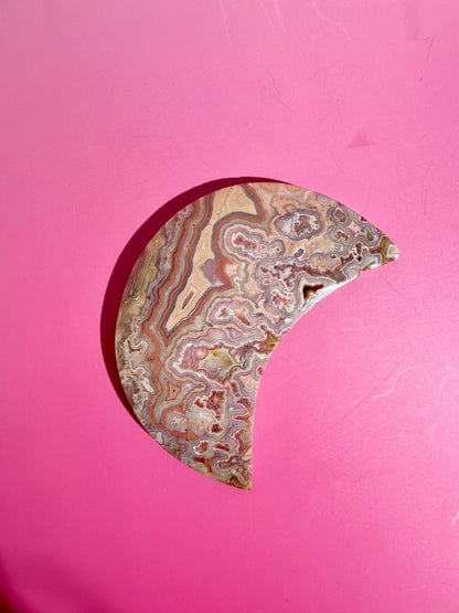 Pink Crazy Lace Agate Crescent Moon Carving – Option A | Joy, Balance & Gentle Energy