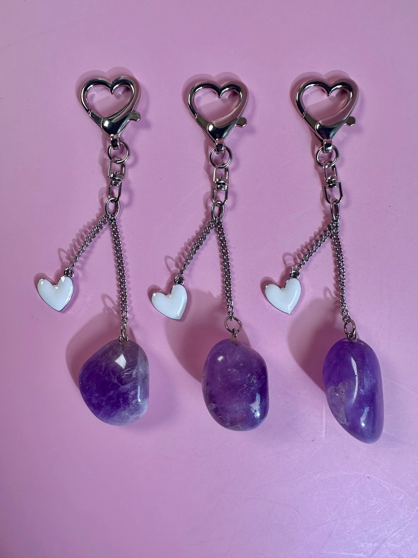 Amethyst Tumble Keychain with Enamel Heart Charm