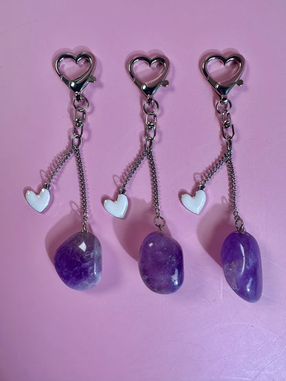 Amethyst Tumble Keychain with Enamel Heart Charm