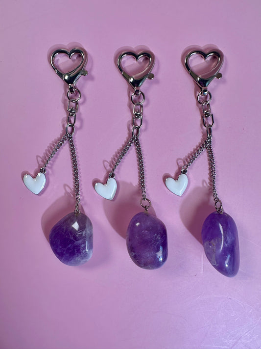 Amethyst Tumble Keychain with Enamel Heart Charm