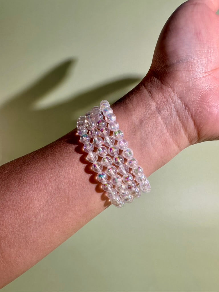 6mm Angel Aura Clear Quartz Beaded Bracelet | Iridescent Crystal Jewelry