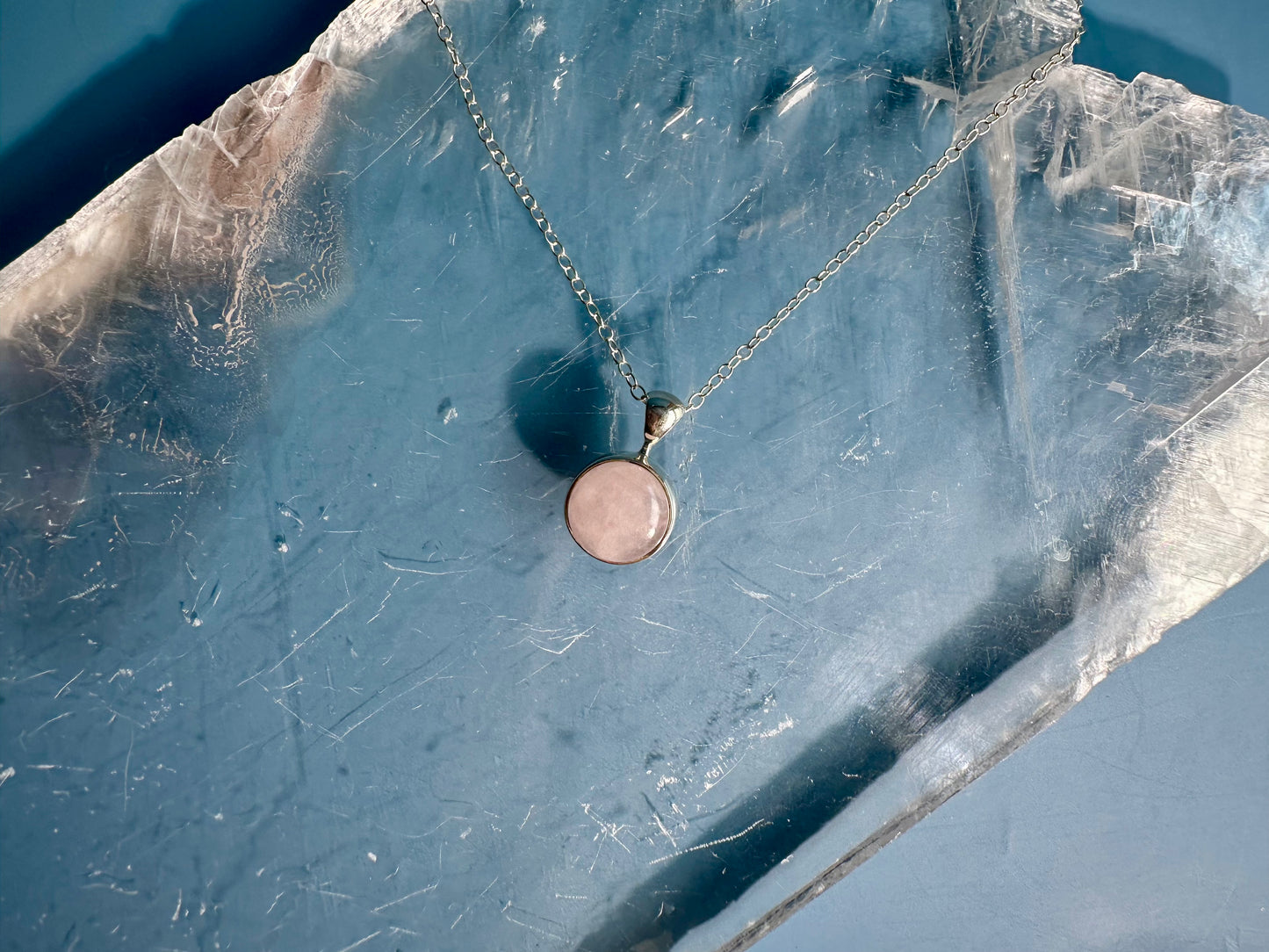 925 Sterling Silver Polished Rose Quartz Round Bezel Necklace
