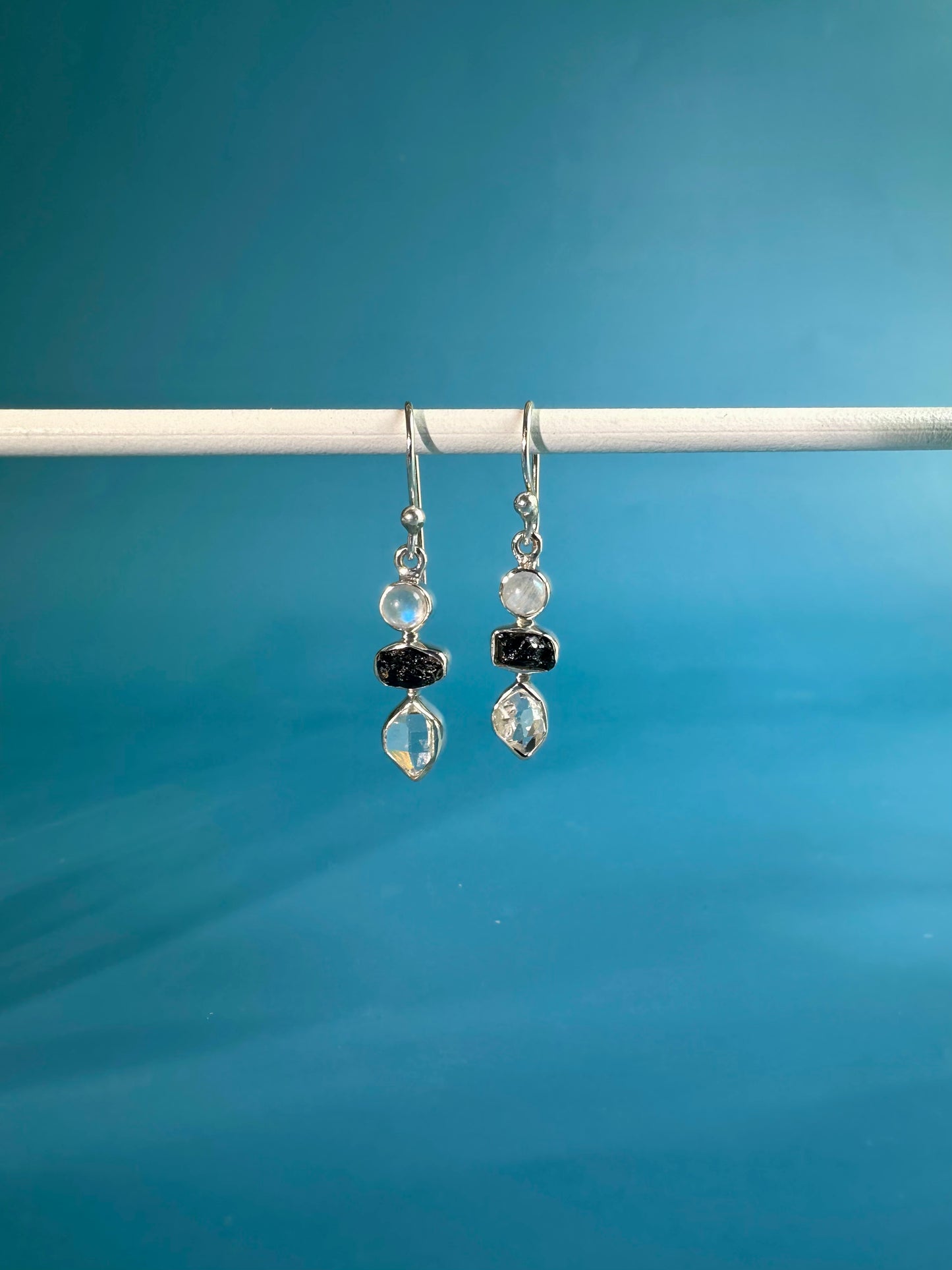 925 Sterling Silver Rainbow Moonstone, Black Tourmaline, Herkimer Diamond Dangle Earrings